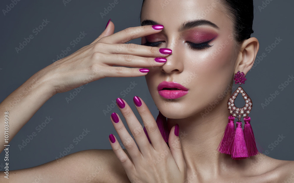 Portrait of a stunning model with pink makeup and bold tassel earrings, delicately positioning hands near her face, capturing elegance, beauty, and high-fashion allure for cosmetics themes Portrait of a stunning model with pink makeup and bold tassel earrings, delicately positioning hands near her face, capturing elegance, beauty, and high-fashion allure for cosmetics themes