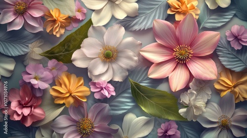 A vibrant array of colorful flowers and leaves creating a stunning floral display.