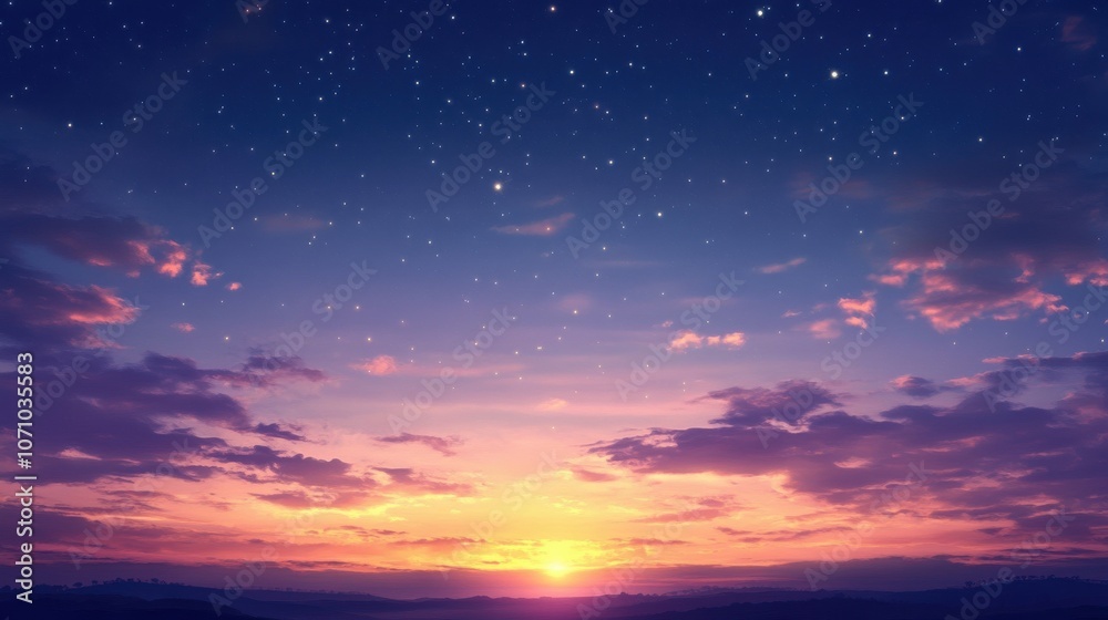 A serene twilight scene featuring vibrant hues of orange and pink blending against a starry sky. A serene twilight scene featuring vibrant hues of orange and pink blending against a starry sky.