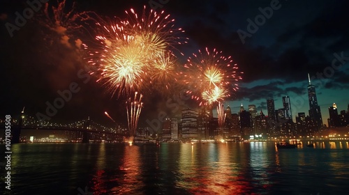 Fireworks exploding over new york city skyline and brooklyn bridge at night