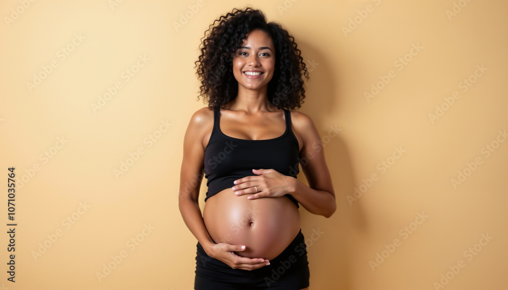 A joyful pregnant woman with curly hair wearing a black top, posing against a neutral background, exuding confidence and happiness. Her hands rest gently on her belly, symbolizing anticipation and mot A joyful pregnant woman with curly hair wearing a black top, posing against a neutral background, exuding confidence and happiness. Her hands rest gently on her belly, symbolizing anticipation and mot