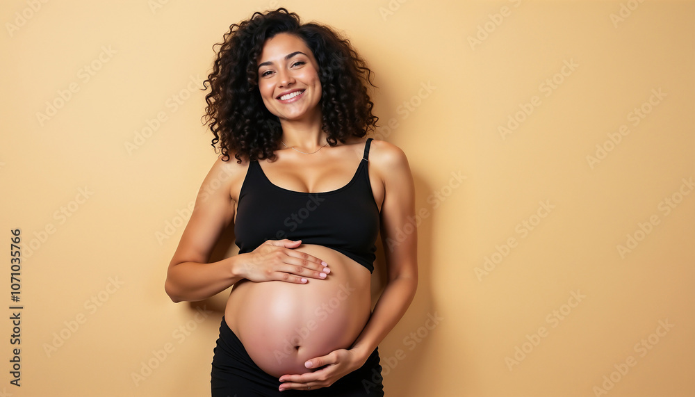 A joyful pregnant woman with curly hair wearing a black top, posing against a neutral background, exuding confidence and happiness. Her hands rest gently on her belly, symbolizing anticipation and mot A joyful pregnant woman with curly hair wearing a black top, posing against a neutral background, exuding confidence and happiness. Her hands rest gently on her belly, symbolizing anticipation and mot