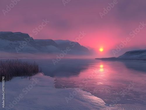 A serene winter landscape with soft pink hues as the sun sets over a frozen lake, surrounded by snow-covered hills and a tranquil atmosphere.