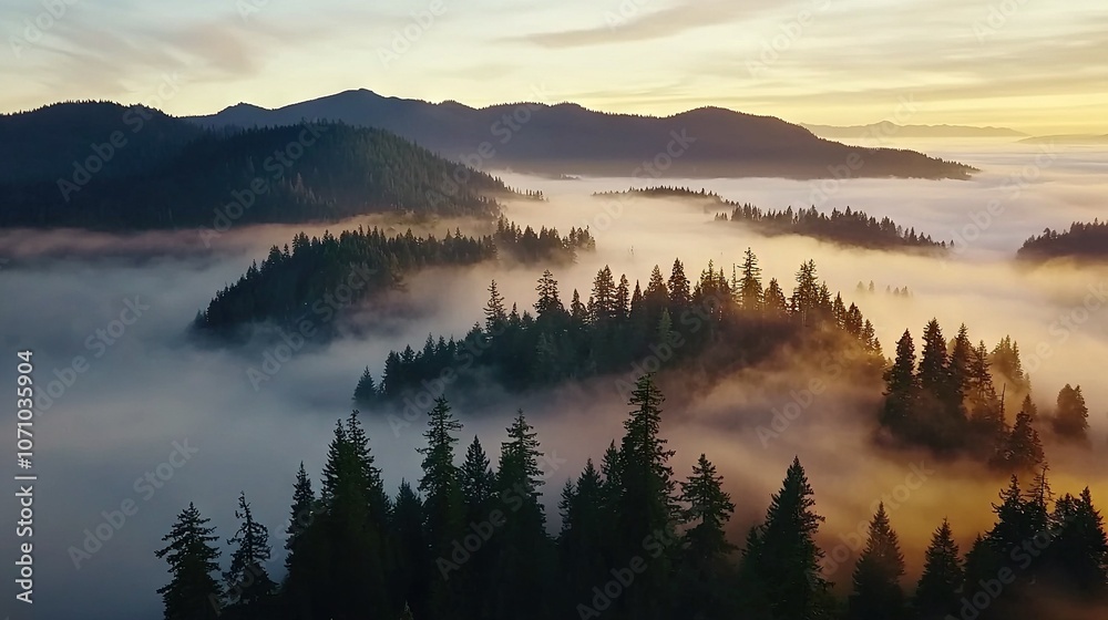 A dense forest shrouded in fog, with towering trees obscured beneath a cloudy sky A dense forest shrouded in fog, with towering trees obscured beneath a cloudy sky