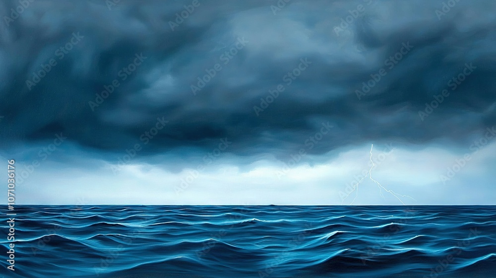 Fototapeta premium A painting portrays a tempestuous scene on a water body, featuring a boat upfront and distant lightning