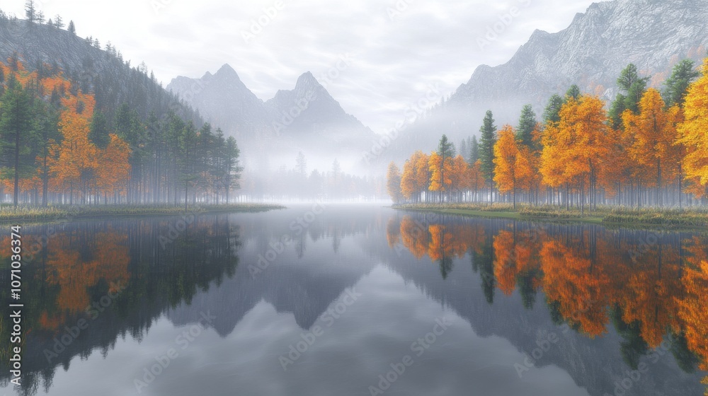 Fototapeta premium A serene autumn landscape featuring vibrant orange trees reflecting in a calm lake surrounded by misty mountains.