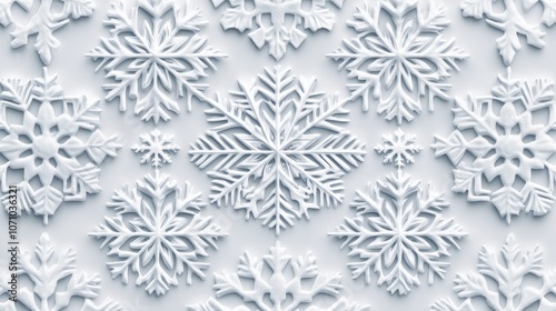 Elegant white snowflakes forming a beautiful pattern on a soft, textured background.