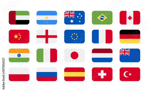argentina, australia, brazil, canada, china, england, european union, france, germany, india, italy, japan, netherlands, new zealand, poland, russia, spain, switzerland, turkey official flags icons