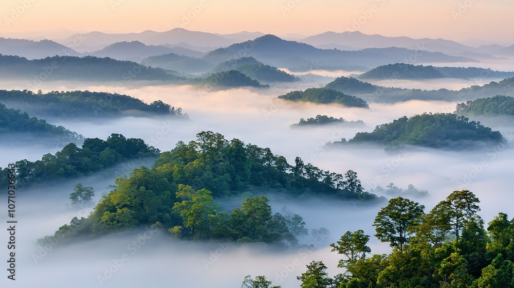 A dense group of trees stands amidst the hazy forest, framing a distant mountain range A dense group of trees stands amidst the hazy forest, framing a distant mountain range