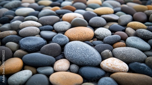 Close-up of a variety of smooth pebbles in different shades and textures, creating a natural and calming scene.