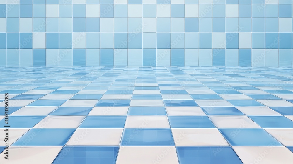 A bright and modern room featuring a patterned blue and white tiled floor, creating a fresh and inviting atmosphere. A bright and modern room featuring a patterned blue and white tiled floor, creating a fresh and inviting atmosphere.