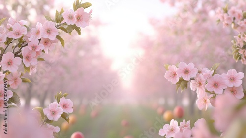 A serene landscape of blooming pink cherry blossom trees with a soft, dreamy atmosphere.