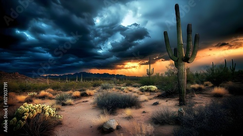 Wallpaper Mural Stormy Desert Sky at Twilight with Cacti Silhouettes Torontodigital.ca