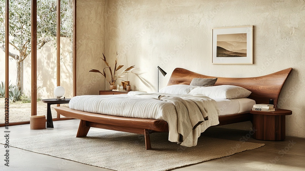 A wooden headboard and footboard on a bed in a room with a window and a rug on the floor A wooden headboard and footboard on a bed in a room with a window and a rug on the floor