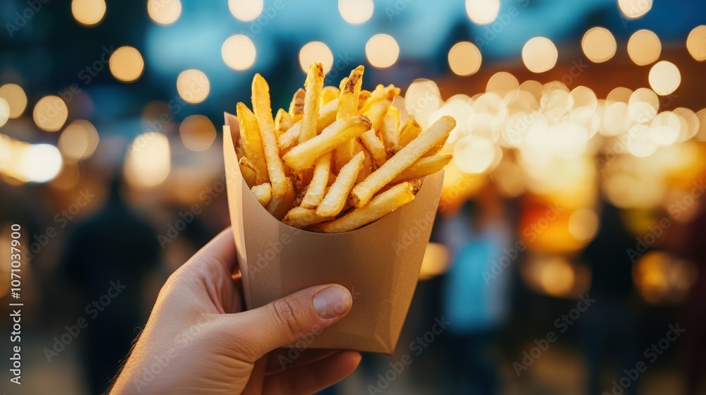 Enjoying crispy fries at a festive outdoor market in the evening Enjoying crispy fries at a festive outdoor market in the evening