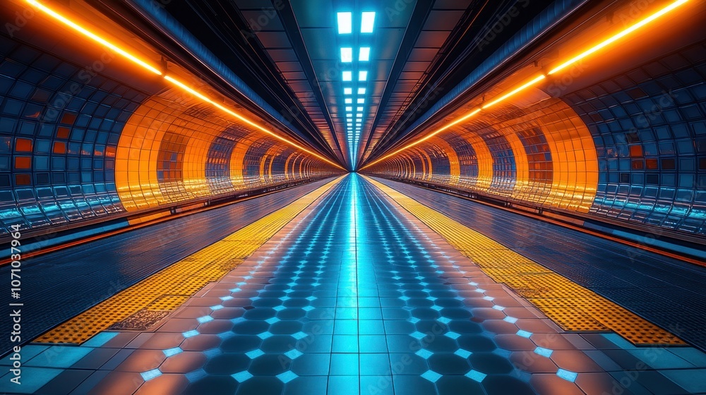 A futuristic tunnel with bright orange and blue neon lights. A futuristic tunnel with bright orange and blue neon lights.