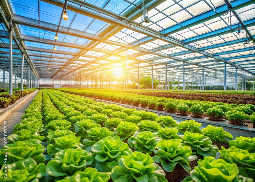 Lush Green Lettuce Thriving in a Modern Greenhouse Environment, Showcasing Vibrant Rows of Healthy Crops Cultivated for Fresh and Organic Produce Supply Lush Green Lettuce Thriving in a Modern Greenhouse Environment, Showcasing Vibrant Rows of Healthy Crops Cultivated for Fresh and Organic Produce Supply