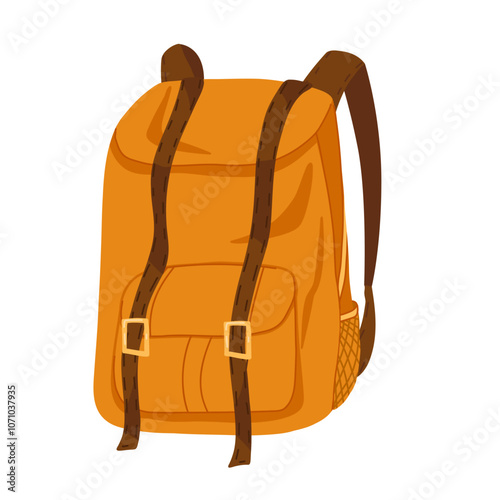Orange vintage backpack for hiking. Cartoon modern illustration of a retro outdoor bag. Traveling rucksack, tourist knapsack, outdoor hiker luggage vector hand drawn illustration isolated on white