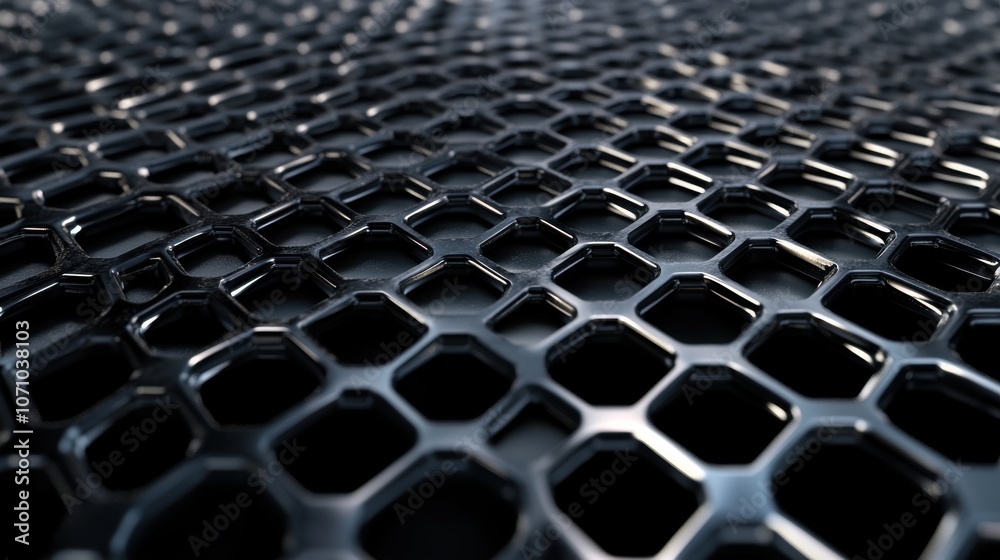 Fototapeta premium Close-up of a sleek, black hexagonal mesh surface, showcasing intricate patterns and glossy finishes.