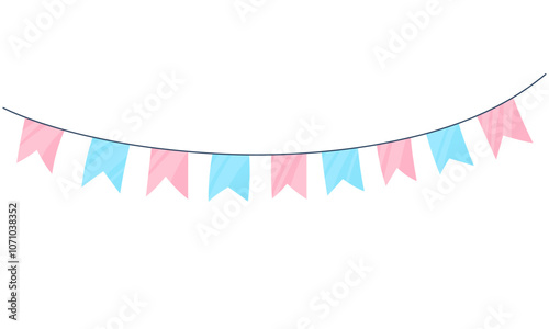 Vector garland with flags of pink and blue colors for a gender party, baby's birthday, isolated on a white background. Celebrating a child's birthday, finding out the gender of the unborn baby.