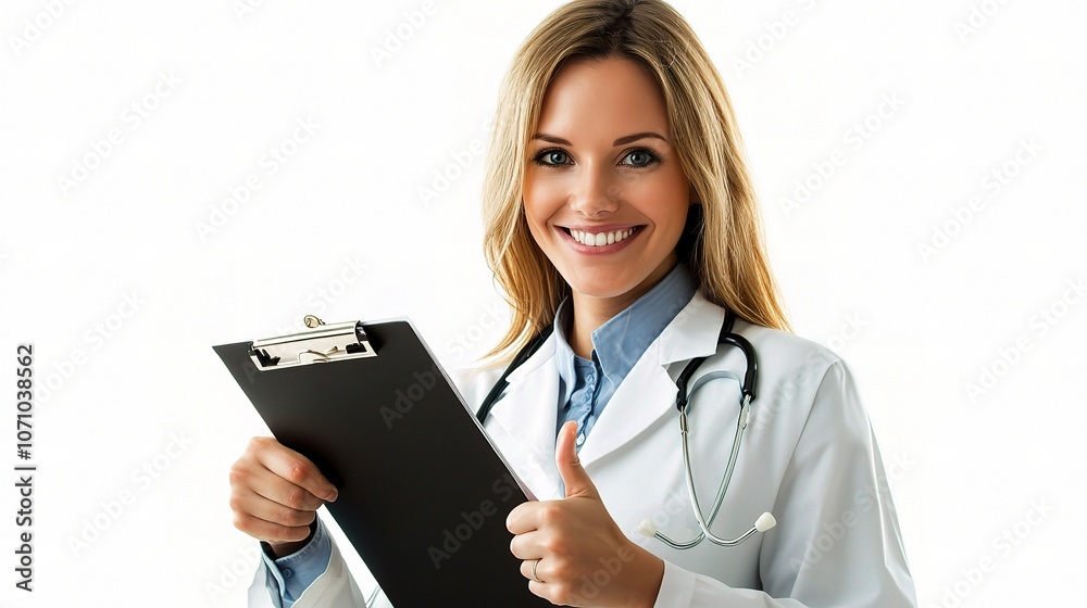 Cheerful Female Doctor Holding Clipboard and Smiling Cheerful Female Doctor Holding Clipboard and Smiling