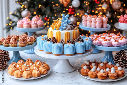 Festive Dessert Table with Colorful Christmas Treats. A vibrant spread of Christmas-themed desserts, including cupcakes and pastries in various colors, arranged for a joyful holiday celebration. 