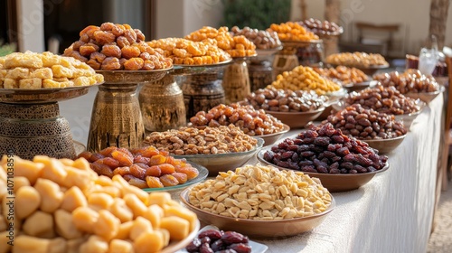 Colorful display of various traditional sweets and dried fruits