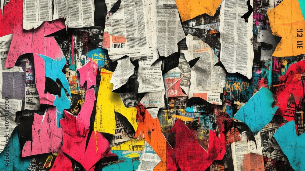 Fototapeta premium Colorful abstract collage featuring torn newspaper clippings and vibrant paint in a mix of bold hues.
