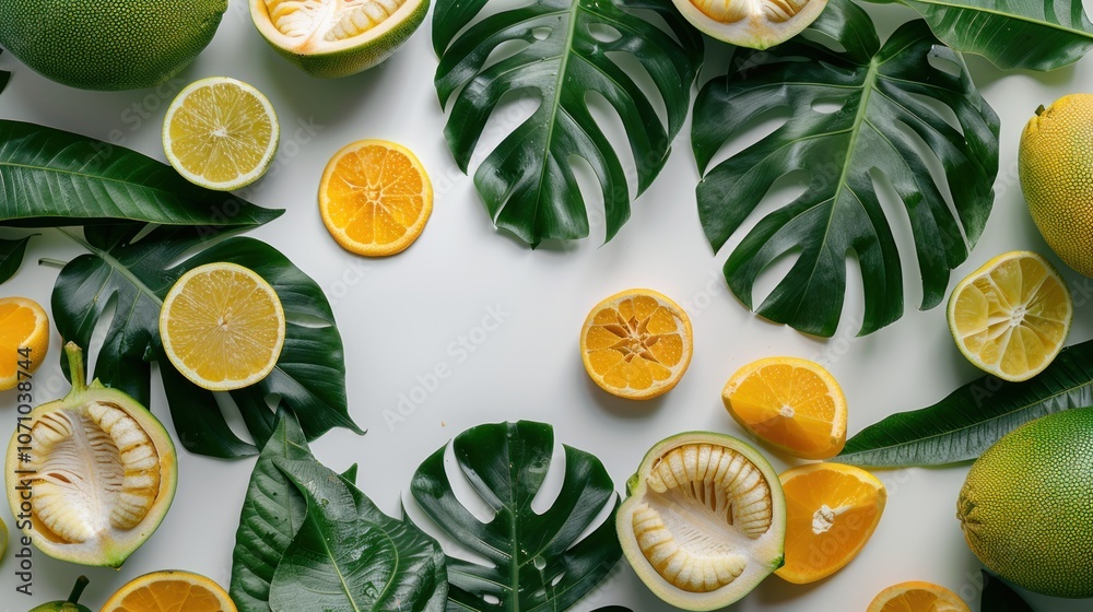 Tropical Fruit and Leaves Flat Lay Tropical Fruit and Leaves Flat Lay