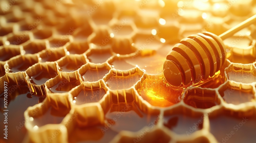 Close-up of a honey dipper drizzling honey over golden honeycomb, creating a warm and inviting atmosphere. Close-up of a honey dipper drizzling honey over golden honeycomb, creating a warm and inviting atmosphere.
