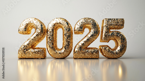 Isolated 3D digital illustration of the numbers "2025", shiny gold color, 3d render.