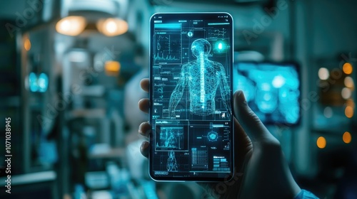 Futuristic medical technology displaying human anatomy on smartphone screen