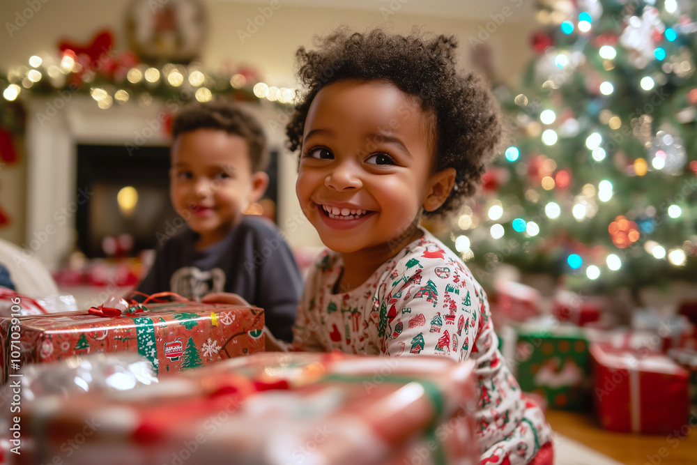 Children unwrapping presents by the Christmas tree, happy faces, festive decor Children unwrapping presents by the Christmas tree, happy faces, festive decor