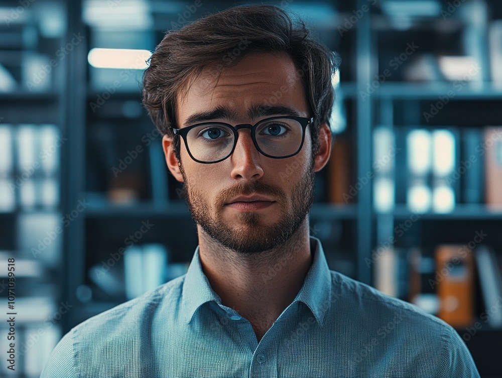 Obraz premium Aesthetic Young Man, Modern Library Setting