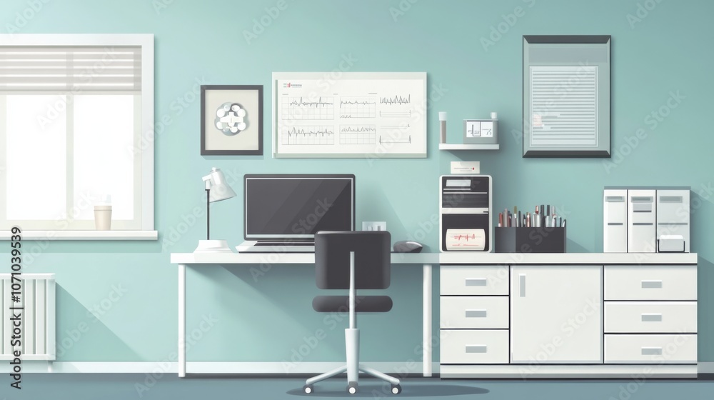 Modern online doctor's office with a laptop and medical equipment, emphasizing a contemporary approach to healthcare. The clinic features digital tools, offering remote consultations and telemedicine Modern online doctor's office with a laptop and medical equipment, emphasizing a contemporary approach to healthcare. The clinic features digital tools, offering remote consultations and telemedicine