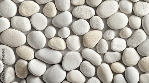 A close-up view of smooth, white and beige pebbles arranged in a natural pattern.