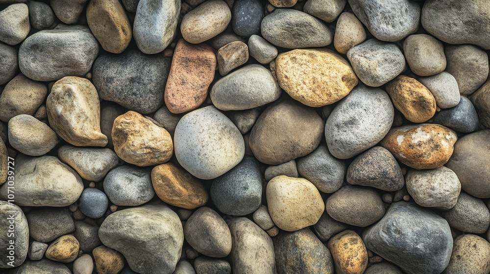 A diverse collection of smooth pebbles in earthy tones, creating a natural mosaic on the ground.