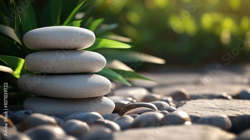 A serene stack of smooth white stones balanced on a pebbled surface surrounded by lush greenery.