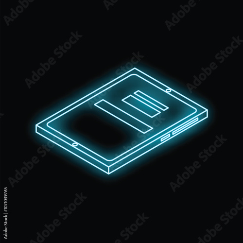 Neon icon of computer ssd drive glowing blue on black background
