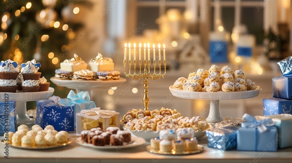 Festive Hanukkah table with a lit menorah, traditional treats, dreidels, and gifts