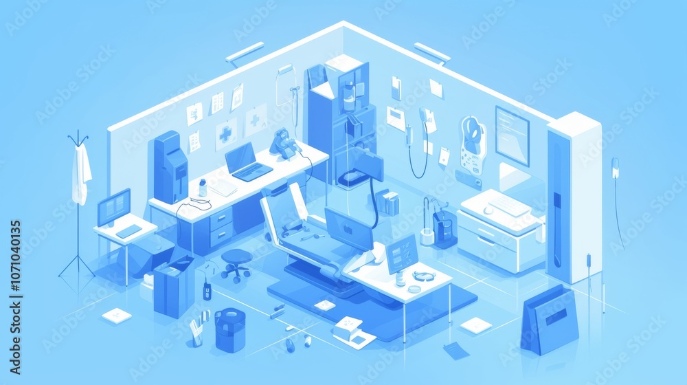 Modern online doctor's office with a laptop and medical equipment, emphasizing a contemporary approach to healthcare. The clinic features digital tools, offering remote consultations and telemedicine Modern online doctor's office with a laptop and medical equipment, emphasizing a contemporary approach to healthcare. The clinic features digital tools, offering remote consultations and telemedicine