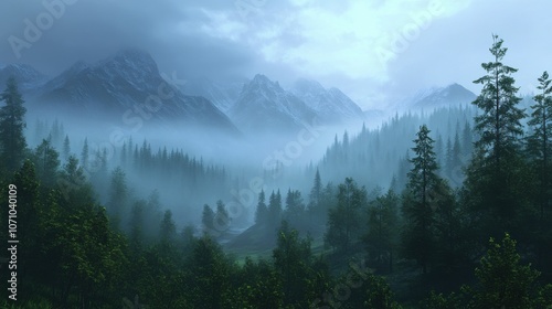 Mystical forest landscape with mist enveloping mountains, creating an ethereal atmosphere.