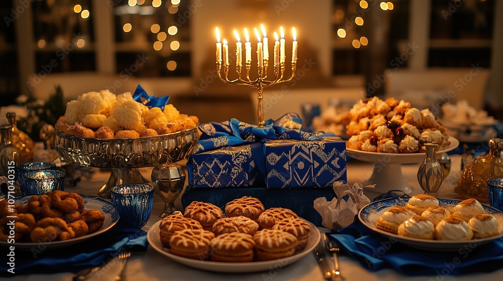 Festive Hanukkah table with a lit menorah, traditional treats, dreidels, and gifts Festive Hanukkah table with a lit menorah, traditional treats, dreidels, and gifts
