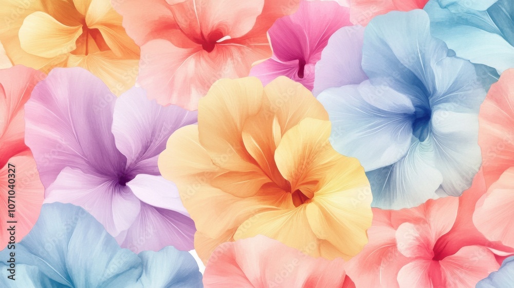A vibrant arrangement of pastel-colored hibiscus flowers showcasing delicate petals in shades of pink, orange, and blue. A vibrant arrangement of pastel-colored hibiscus flowers showcasing delicate petals in shades of pink, orange, and blue.