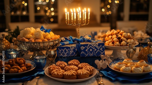 Festive Hanukkah table with a lit menorah, traditional treats, dreidels, and gifts