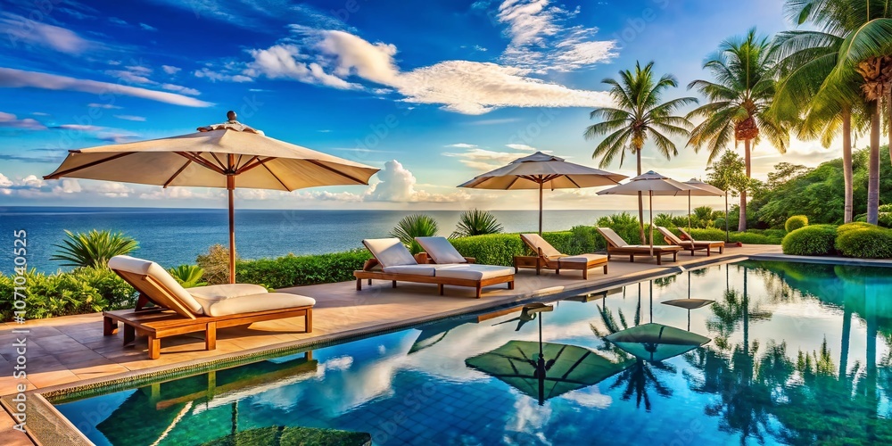 Naklejka premium Luxurious Poolside Relaxation Area with Sun Loungers and Umbrella Overlooking a Tranquil Ocean, Perfect for a Serene Vacation Experience in a Tropical Paradise