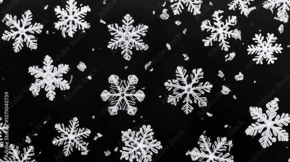 Delicate snowflakes scattered on a dark background, showcasing intricate designs and textures. Delicate snowflakes scattered on a dark background, showcasing intricate designs and textures.