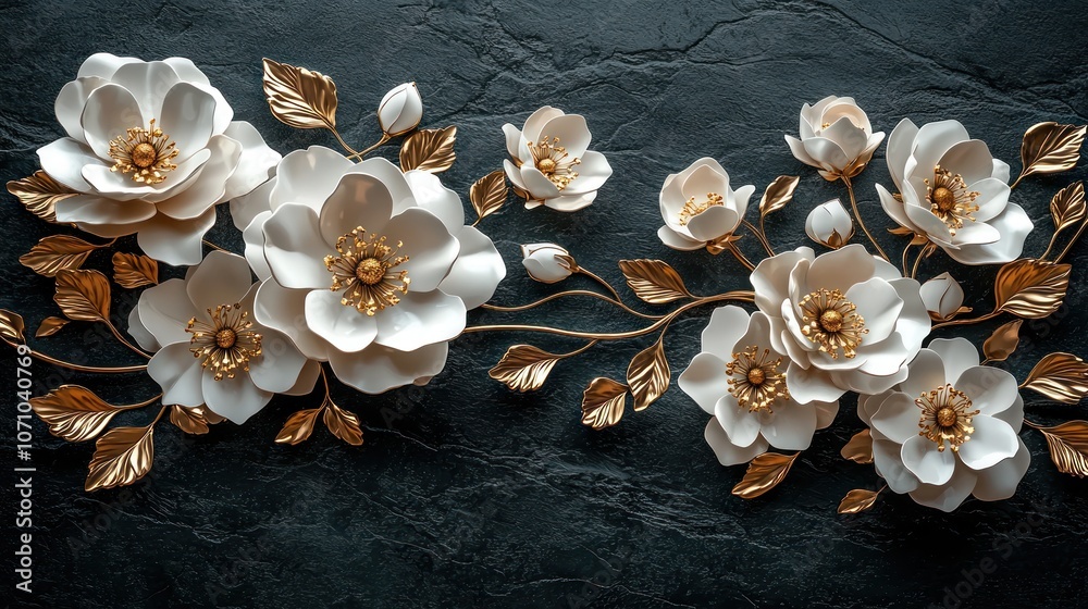 Fototapeta premium White Flowers and Gold Foliage on Black Background