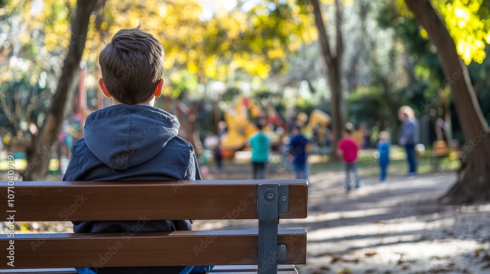 The boy is sitting on a bench covered in plants in front of a group of kids bullying him.