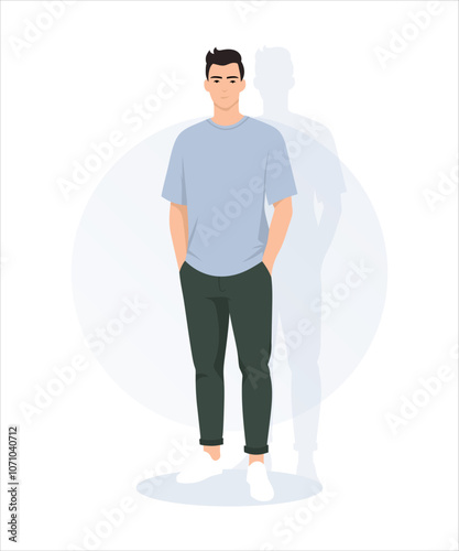 Vector illustration. A man in a light blue T-shirt and dark green pants has an effortless style that is suitable for summer walks and meetings with friends.